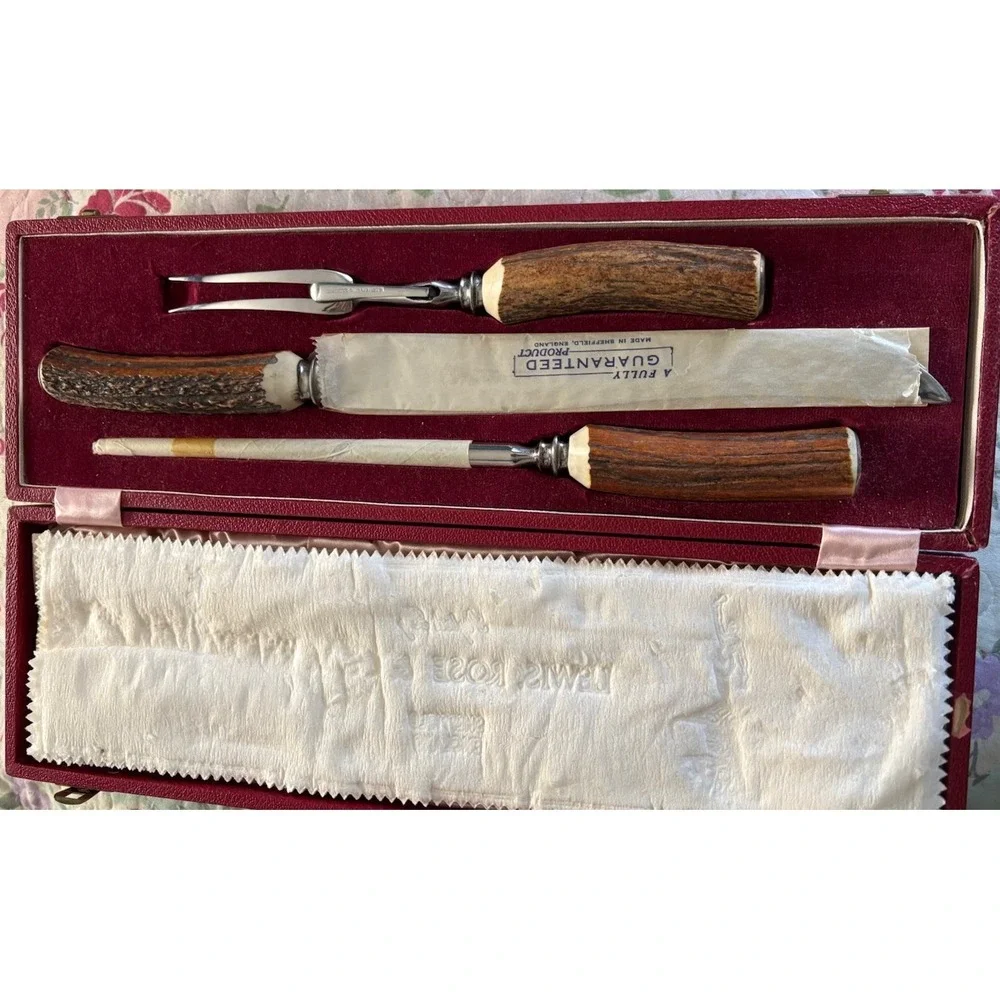 Lewis & Rose Co. Carved Stag Horn Cutlery Carving Set Sheffield‎ England